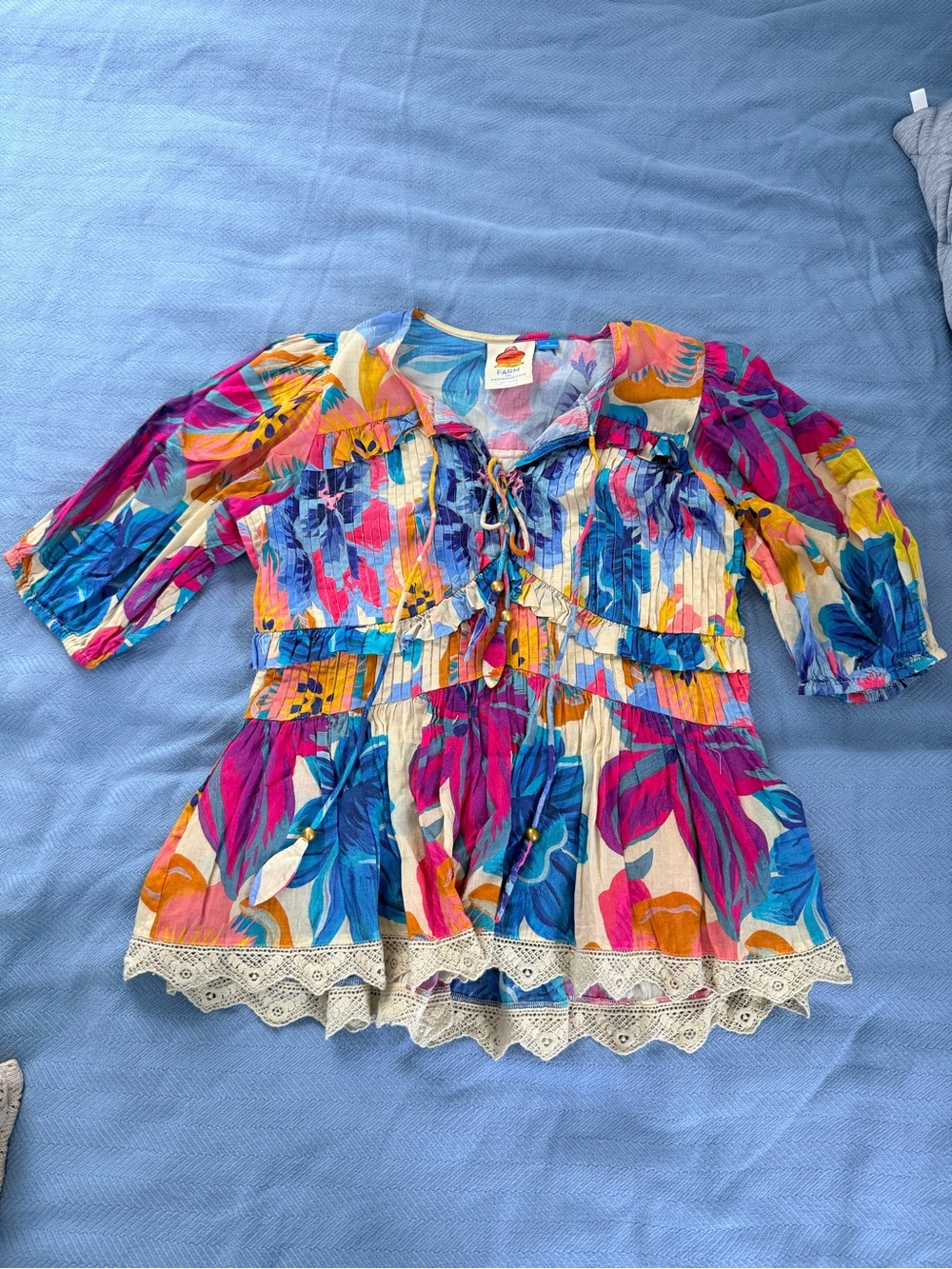 FARM Rio Multicolor Floral Tie-Front Peplum Blouse